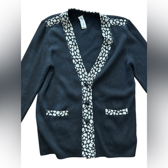Fabrice Karel Paris Black wool sweater Cardigan with White leopard Medium - Picture 2 of 5